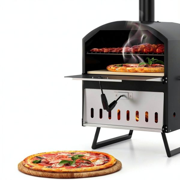 Giantex Wood Fired Outdoor Pizza Oven with 16-Inch Pizza Stone, 2-Layer Cooking Space, Portable Pizza Maker for Backyard, Camping & BBQ, Foldable Legs, Charcoal & Wood Burning Grill-2