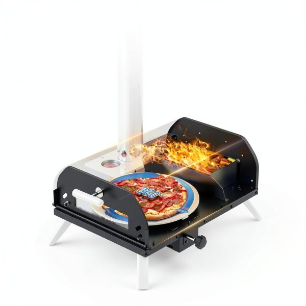 12 inch Outdoor Pizza Oven, Wood Pellet Pizza Ovens with 360° Rotating Pizza Stone, Outside Portable Pizza Stove, Tabletop Pizza Oven for Backyard, Camping, Patio, black-3