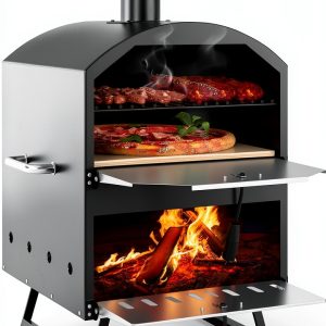 Giantex Wood Fired Outdoor Pizza Oven with 16-Inch Pizza Stone, 2-Layer Cooking Space, Portable Pizza Maker for Backyard, Camping & BBQ, Foldable Legs, Charcoal & Wood Burning Grill-0