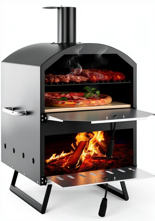 Giantex Wood Fired Outdoor Pizza Oven with 16-Inch Pizza Stone, 2-Layer Cooking Space, Portable Pizza Maker for Backyard, Camping & BBQ, Foldable Legs, Charcoal & Wood Burning Grill-0
